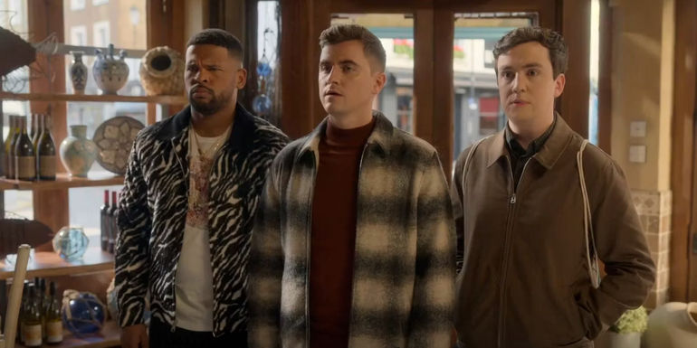 Colin (Billy Harris), Isaac (Kola Bokinni), and Will (Charlie Hiscock) visiting Nate (Nick Mohammed) in Ted Lasso season 3, episode 11