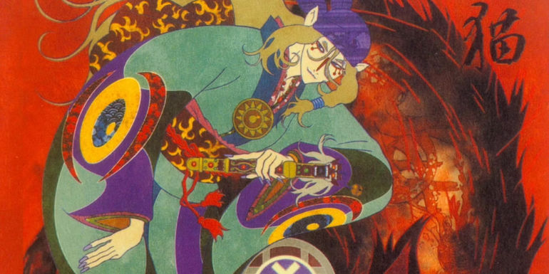 The Medicine Seller from Mononoke tilting head to the side in front of red background