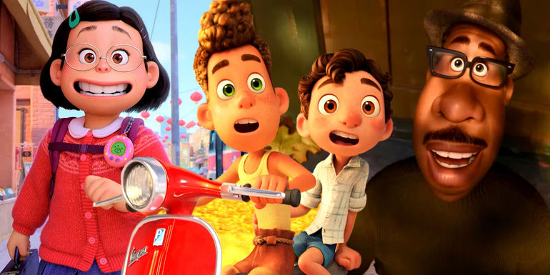 Meilin from Turning Red, Alberto and Luca from Luca and Joe from Soul Pixar Films