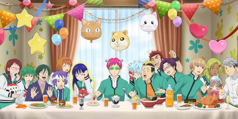 The cast of Saiki sitting together at a long dinner table covered in sweets, seemingly themed after The Last Supper.