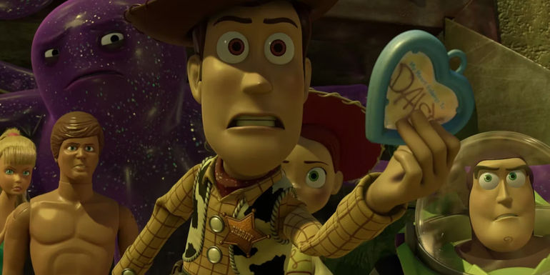 Tom Hanks as Woody in a scene from Toy Story 3 with Buzz Lightyear, Jessie, and Ken.