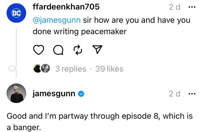 On Threads, James Gunn teased that Peacemaker season 2's final episode is 