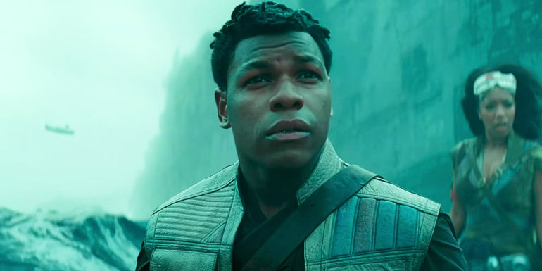 John Boyega as Finn looking concerned in Star Wars: The Rise of Skywalker