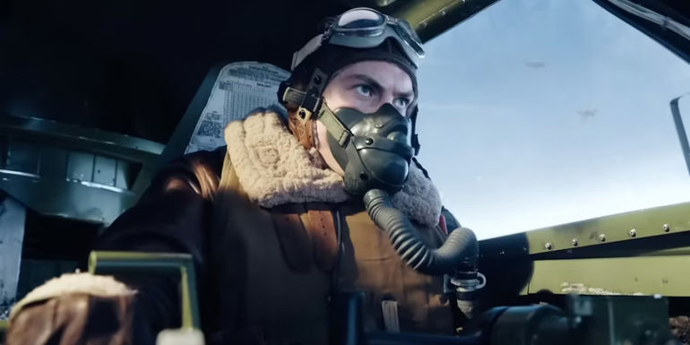 Character flying a plane in Masters of the Air