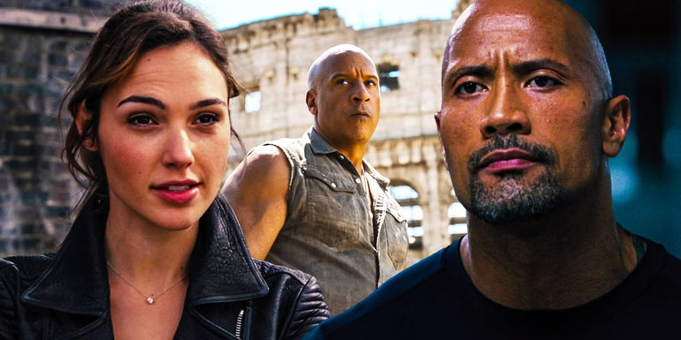A blended image features Gal Gadot as Gisele, Vin Dielsel as Dom, and Dwayne Johnson as Hobbes in the Fast and Furious movies