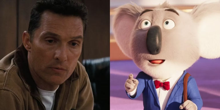 Split image of Matthew McConaughey in Interstellar and Buster in Sing 2