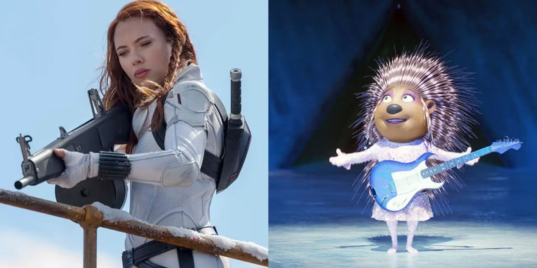 Split image of Scarlett Johansson in Black Widow and Ash in Sing 2