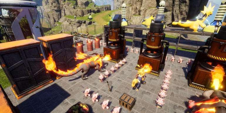 Palworld Pals working the furnace