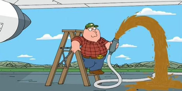 Peter pouring fuel on the ground in Family Guy