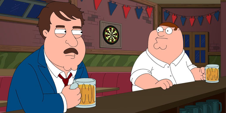 Tom Tucker with a beer looking angrily at Peter Griffin in Family Guy