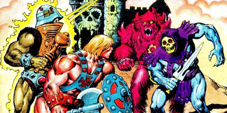 He-Man and Man-At-Arms fighting Skeletor on the cover of a Masters of the Universe minicomic.