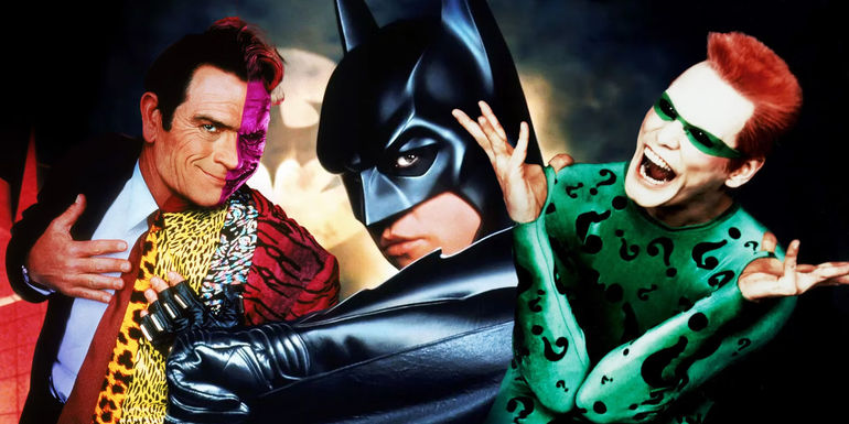 Blended image of Batman, Two-Face and the Riddler from Batman Forever promo images