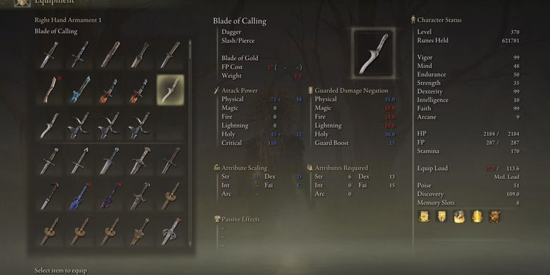 Blade of Calling Stats in Elden Ring