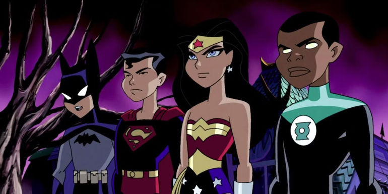 Batman, Superman, Wonder Woman, and Green Lantern as children in Justice League