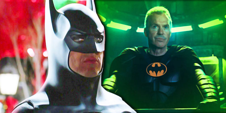 A split image of Michael Keaton in his Batman suit in Batman (1989) and The Flash