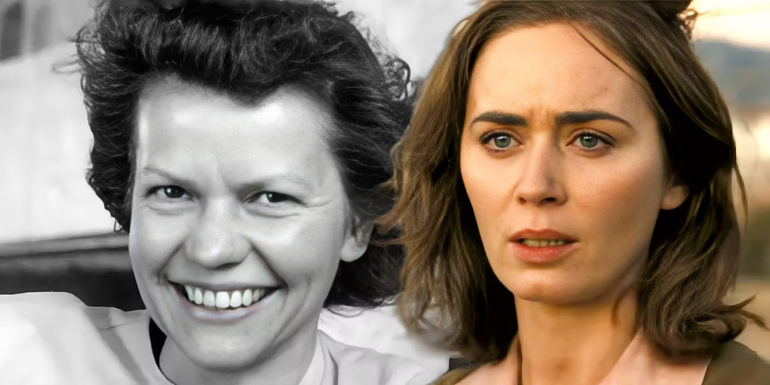 Real Kitty Oppenheimer alongside Emily Blunt who portrays her in the Oppenheimer movie.