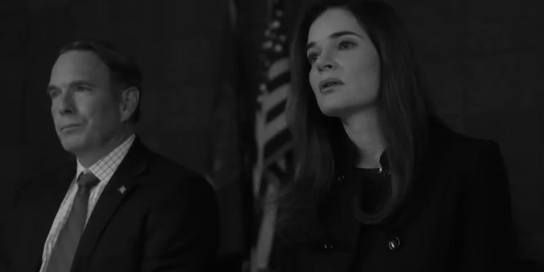 Betsy Brandt as Marie Schrader speaking next to an attorney in Better Call Saul