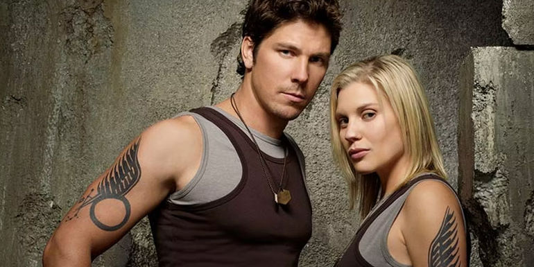 Anders And Starbuck pose together in a Battlestar Galactica promo photo.