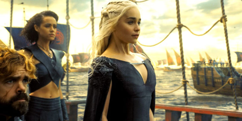 Daenerys stands on a ship with Missendai and Tyrion as she sails for Westeros