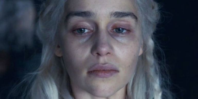 A Close-Up of Emilia Clarke as Daenerys looking sad and tired in Game of Thrones