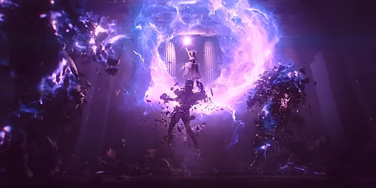 Screenshot from Knights of the Zodiac trailer shows the goddess of war destroying three metal suits of armor with a bright purple and blue energy while floating in the air.