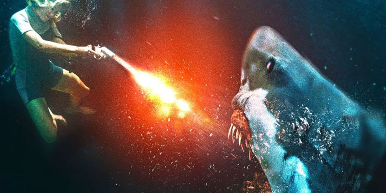 Madalina Diana Ghenea as Naomi shoots a flare at a shark in Deep Fear