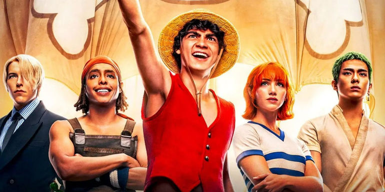 The One Piece season 1 characters smiling and their arms folded