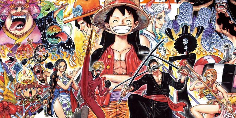 Several One Piece characters together in front of flame background with Luffy in the center grinning