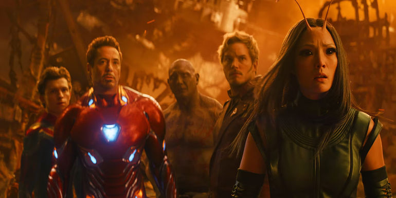 Spider-Man, Iron Man and the Guardians of the Galaxy on Titan in Avengers Infinity War