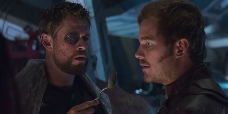 Thor (Chris Hemsworth) and Star-Lord (Chris Pratt) meet for the first time in Avengers Infinity War
