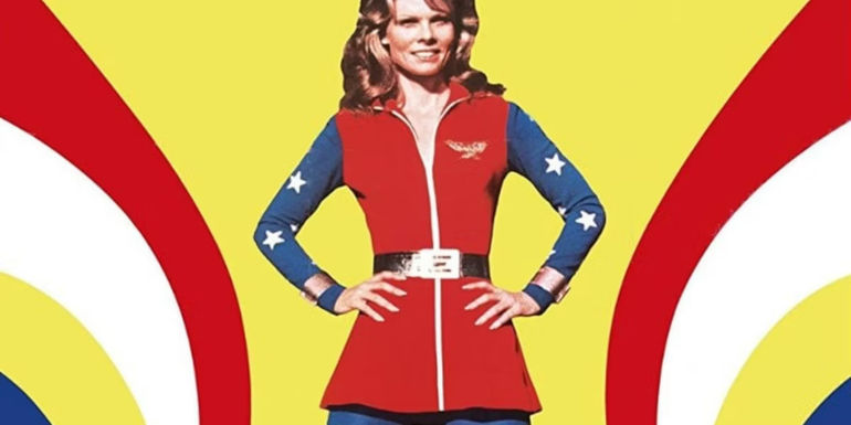 Wonder Woman standing with arms akimbo in the 1974 TV movie