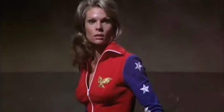Wonder Woman looking intensely in the 1974 Wonder Woman movie