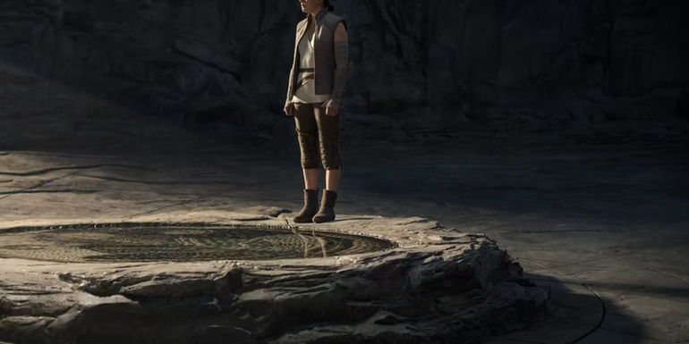 Rey in the Jedi Temple on Ahch-To in The Last Jedi.