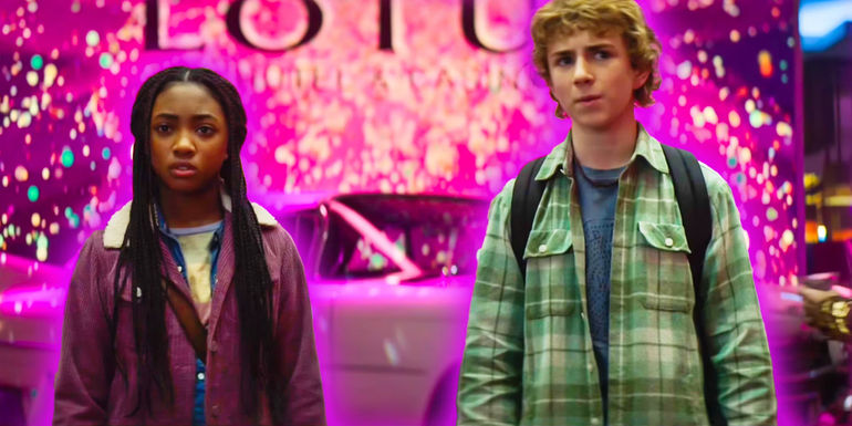 Annabeth and Percy in front of the Lotus Casino sign in Percy Jackson episode 6
