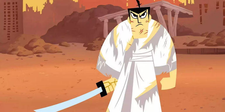 Jack is scratched up and has his katana out in Samurai Jack. 