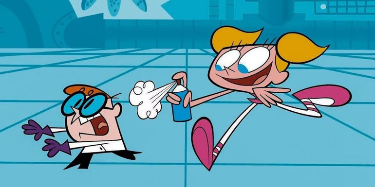 Dee Dee spaying Dexter in his lab in Dexter's Laboratory.