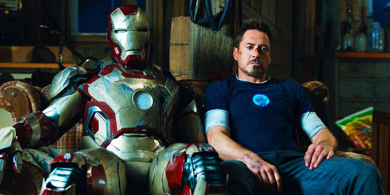 Iron Man and Tony Stark sat together in Iron Man 3