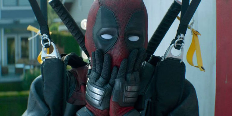 Deadpool wearing a parachute in Deadpool 2