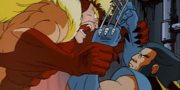 Sabretooth fighting Wolverine and grabbing his fist in X-Men The Animated Series