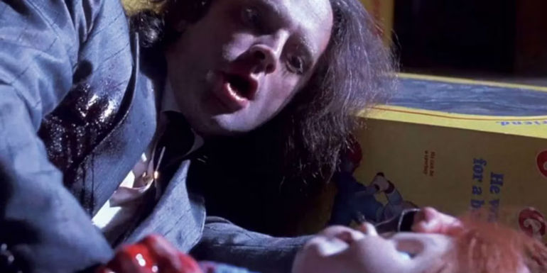 Brad Dourif as serial killer Charles Lee Ray discovers the Chucky doll in Childs Play