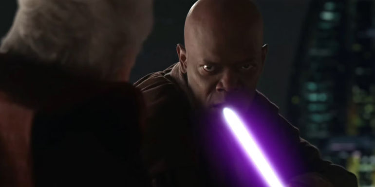 Mace Windu battling Sheev Palpatine in Revenge Of The Sith.