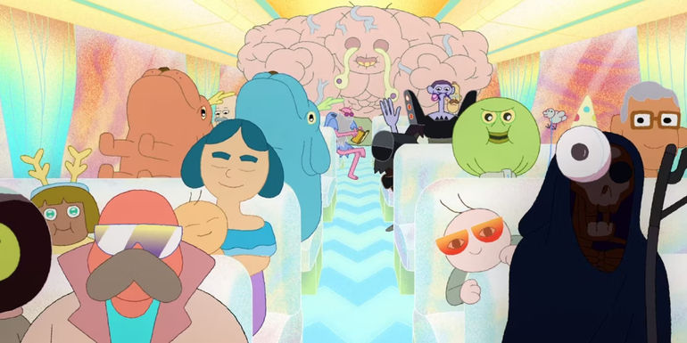 Various characters from the Netflix animated series The Midnight Gospel all sitting together