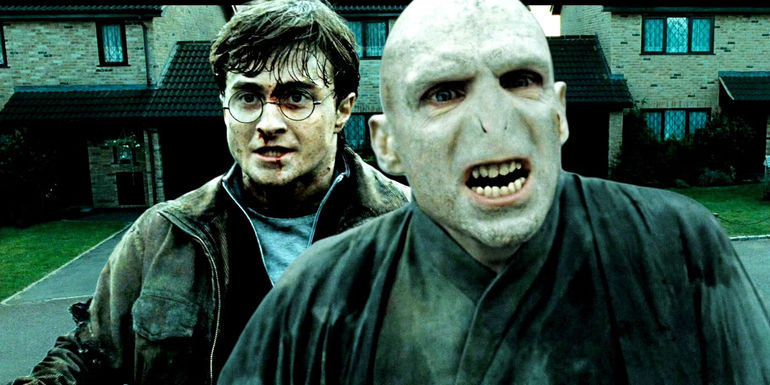 Ralph Fiennes and Daniel Radcliffe as Angry Lord Voldemort and a muddled Harry Potter in Deathly Hallows Part 1 with Harry's neighborhood in the background
