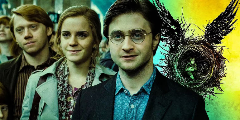 Harry, Ron, and Hermione against he title image from Harry Potter and the Cursed child. 