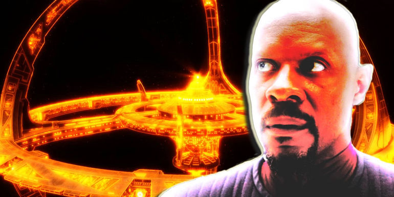 Deep Space Nine hangs in space with an eery orange glow, Sisko looks down from the Celestial Temple
