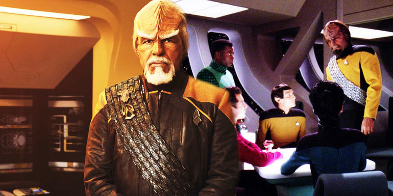 Captain Worf and Lt. Worf sitting with the Lower Deckers in Ten Forward