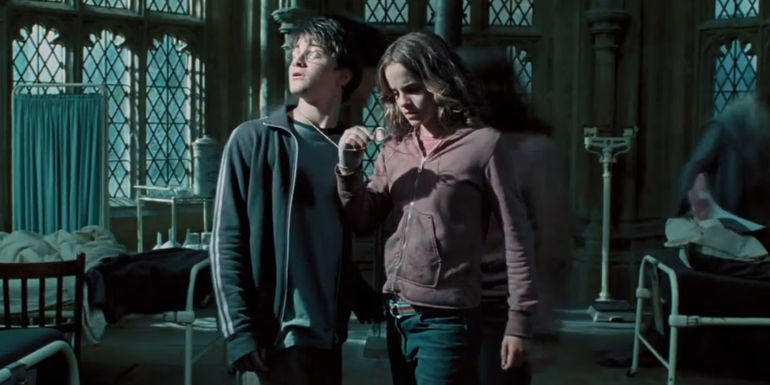 Harry and Hermione using the time turner in the infirmary in Harry Potter and the Prisoner of Azkaban