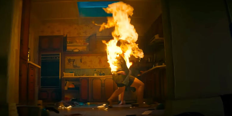 Evil Dead Rise Deadite Bridget on Fire