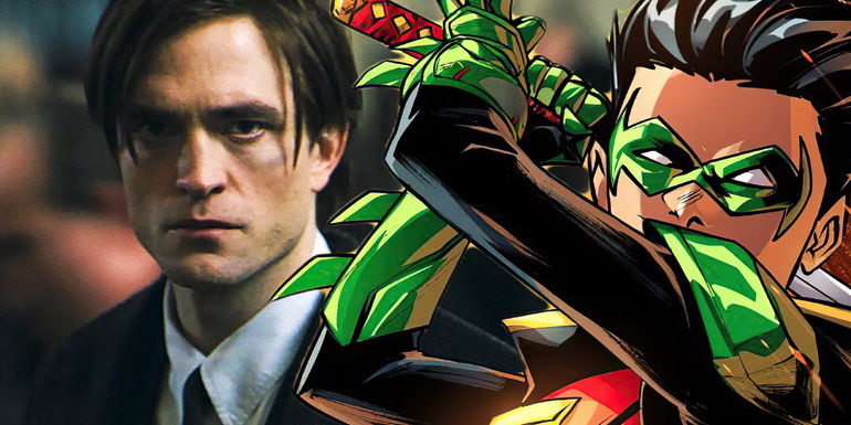 Split image of Robert Pattinson as Bruce Wayne in The Batman and Damian Wayne Robin