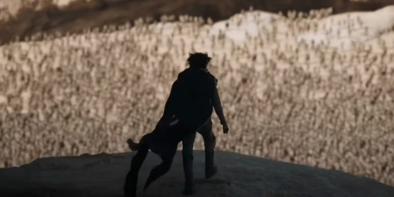 Paul (Timothee Chalamet) speaks to the Fremen in Dune 2.